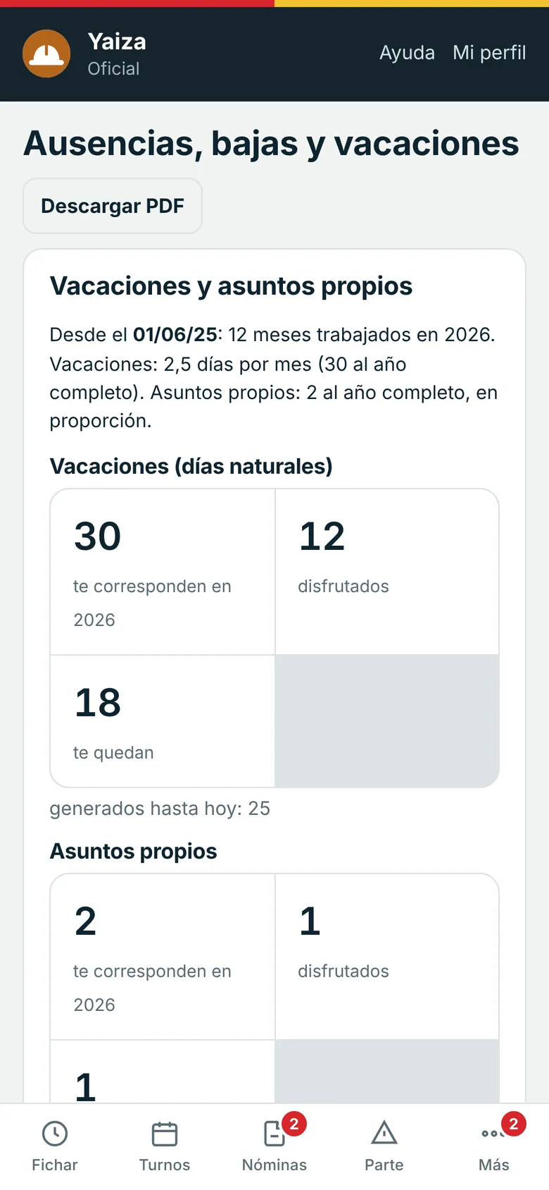 Saldo de vacaciones y asuntos propios en el móvil de un oficial de obra
