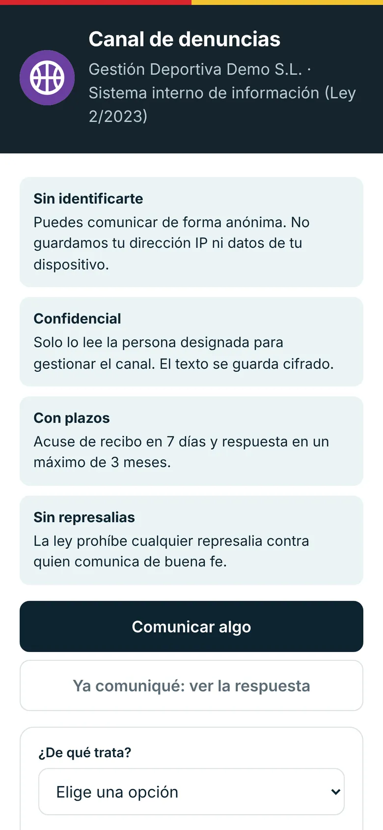 Página pública del canal de denuncias, para comunicar sin identificarse