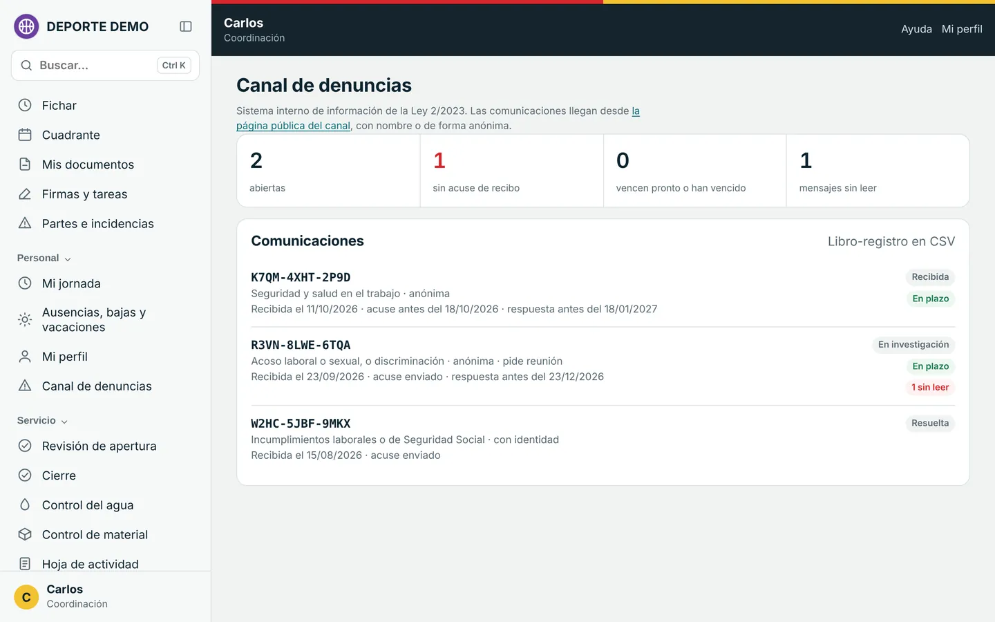 Canal de denuncias de coordinación: comunicaciones abiertas, plazos de acuse y de respuesta