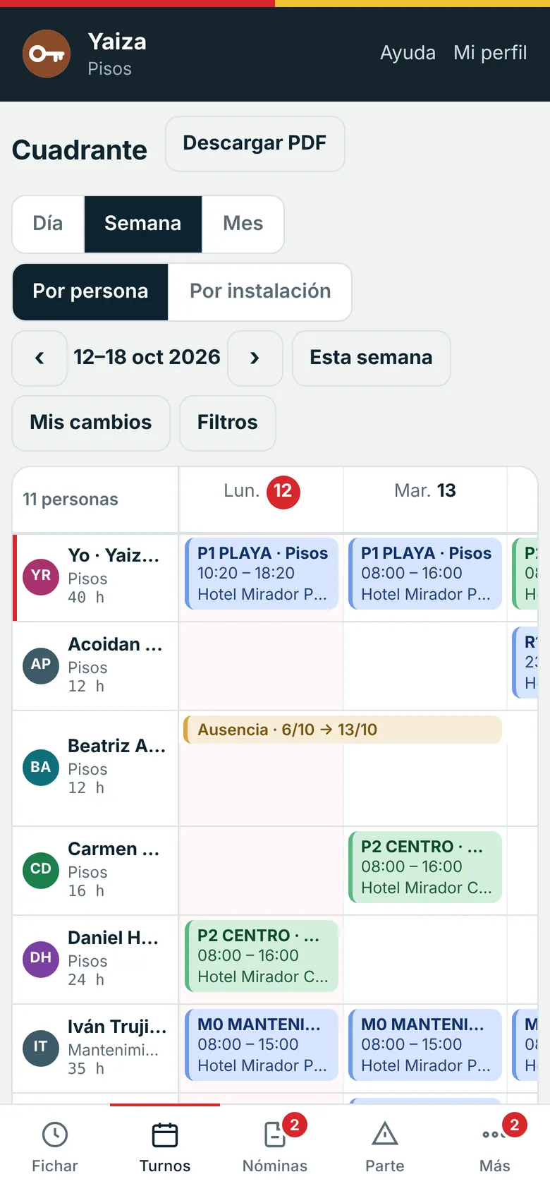 Cuadrante de la semana en el móvil de una camarera de pisos