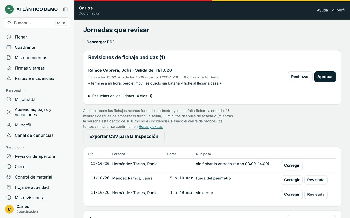 Revisión de jornadas de coordinación, con las incidencias de cada fichaje