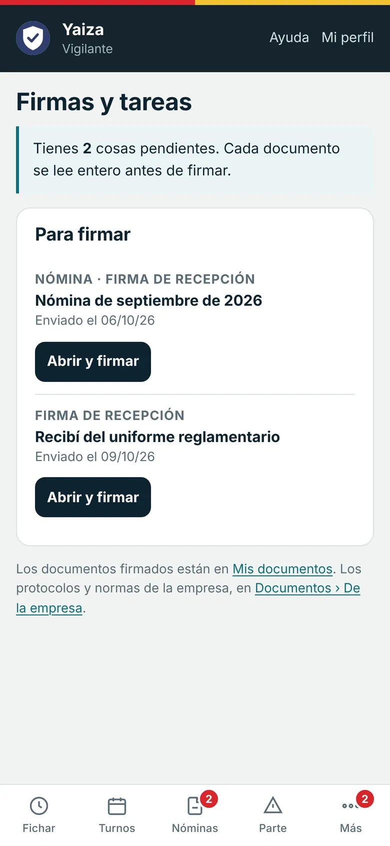 Nómina y documentos pendientes de firmar en el móvil de un vigilante