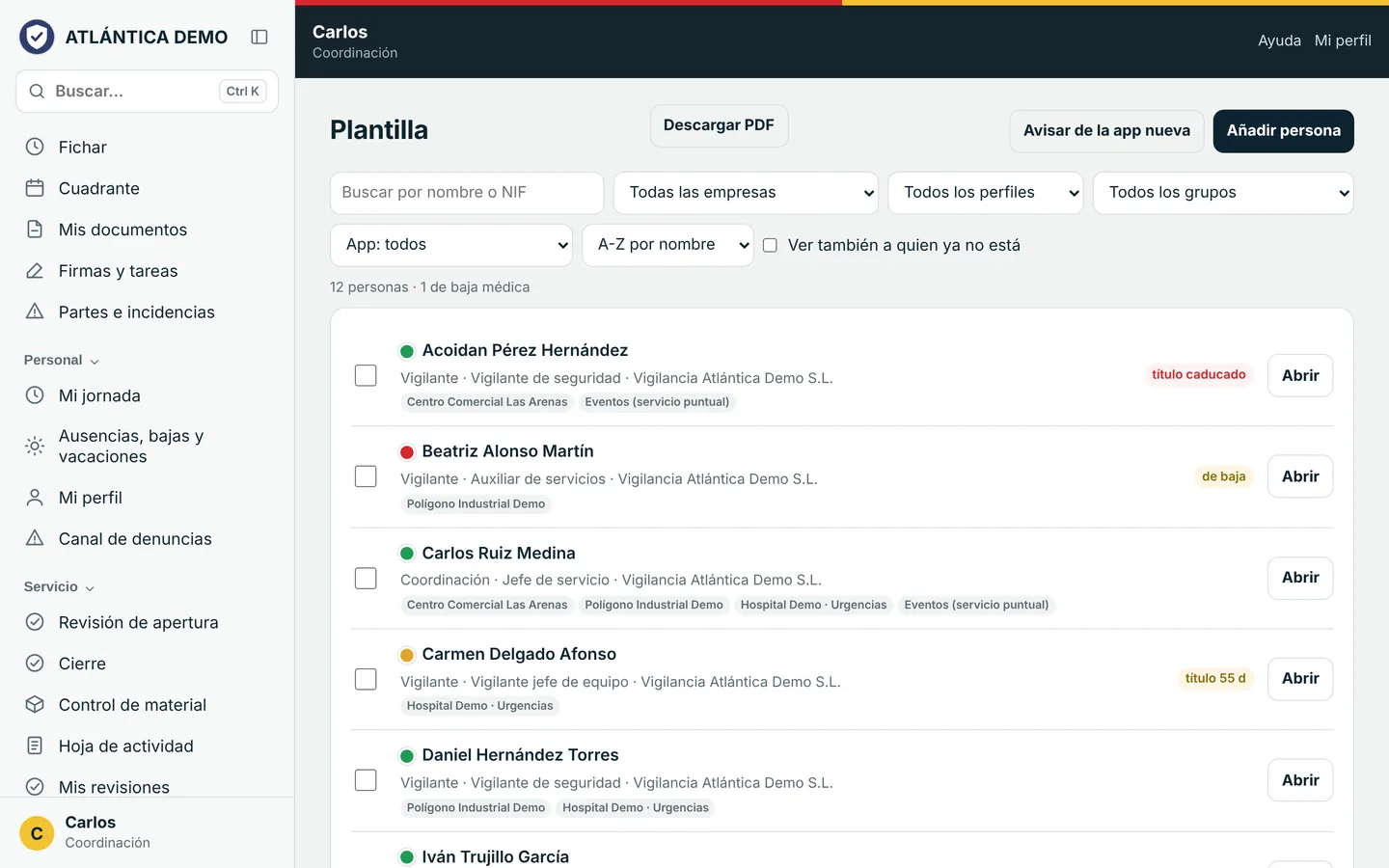 Plantilla con cada persona, sus centros y avisos de títulos caducados o bajas