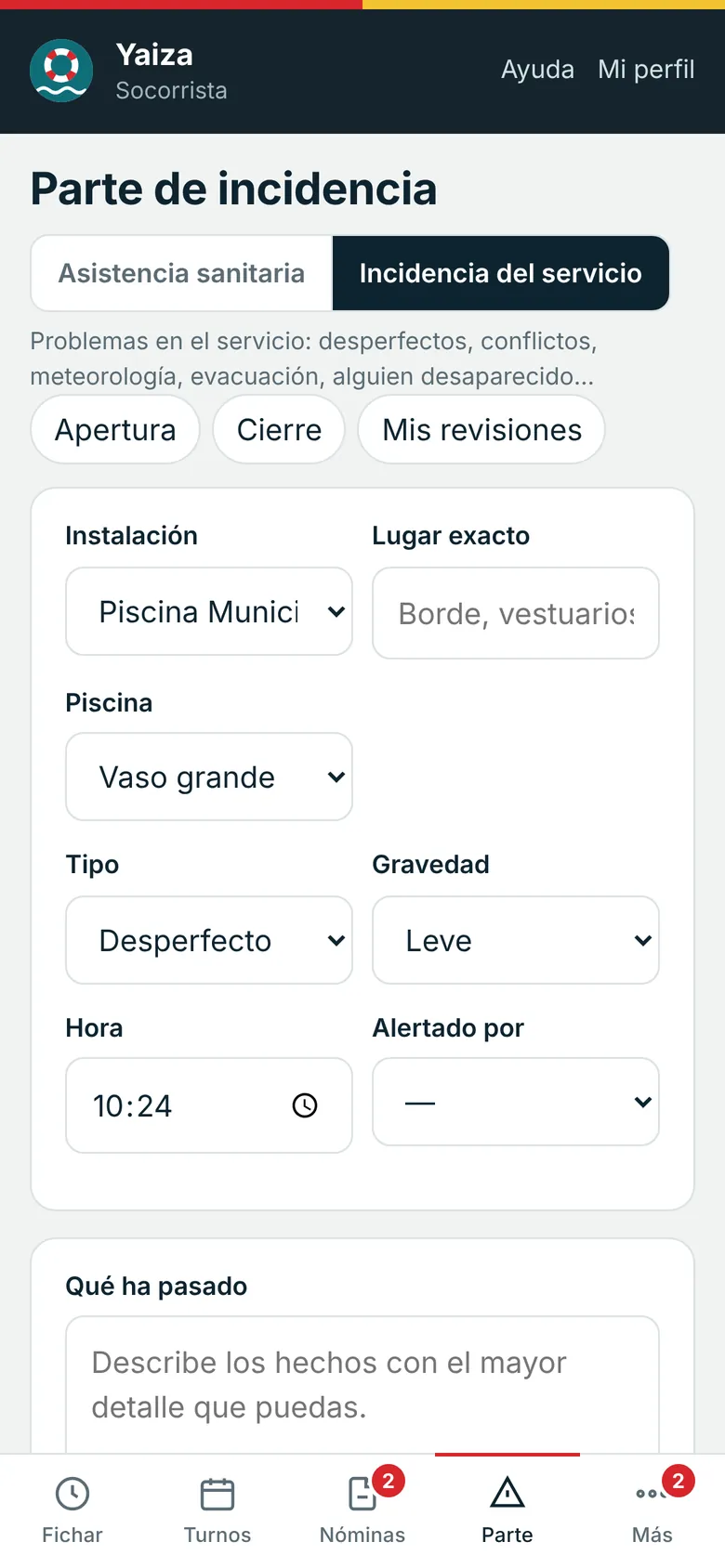 Parte del servicio con sus incidencias