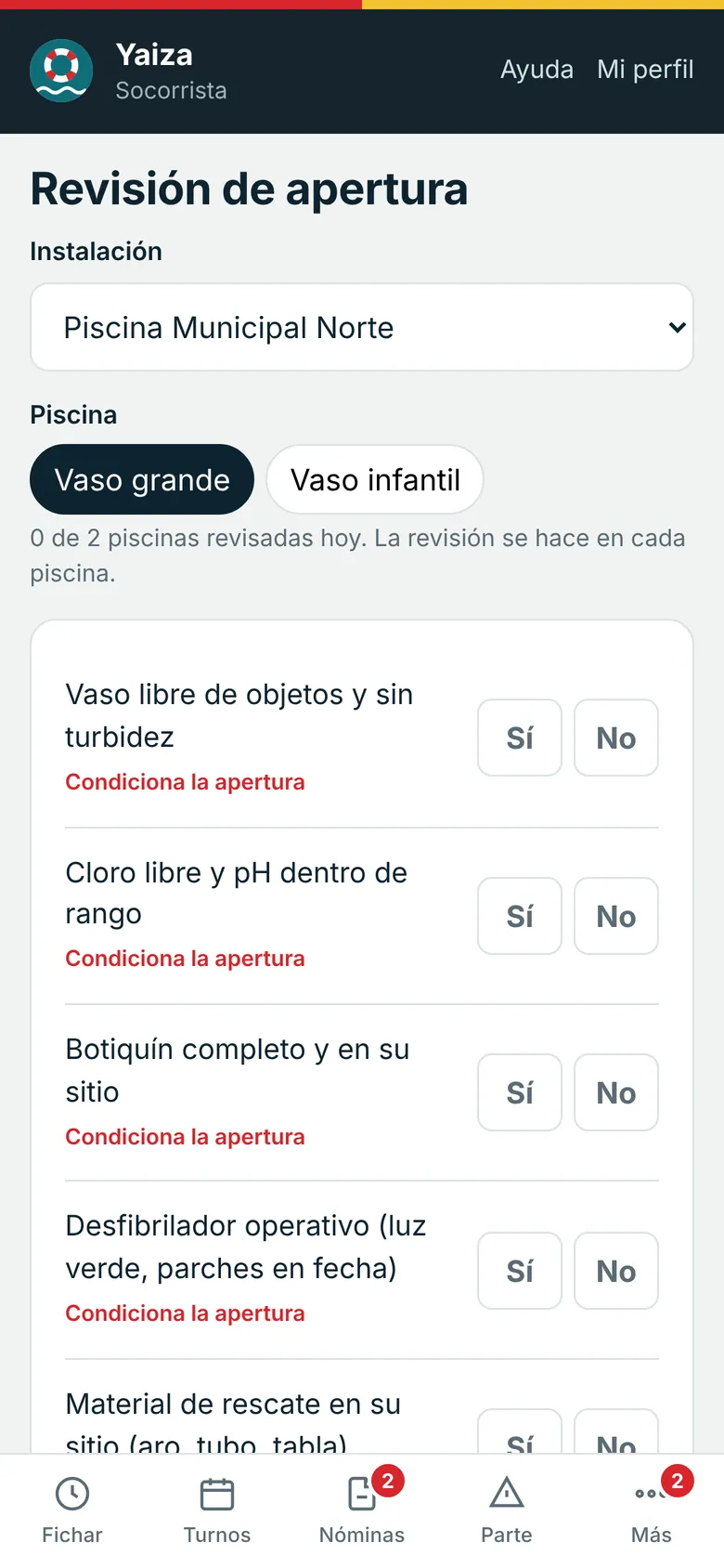 Revisión de apertura de la piscina, punto por punto